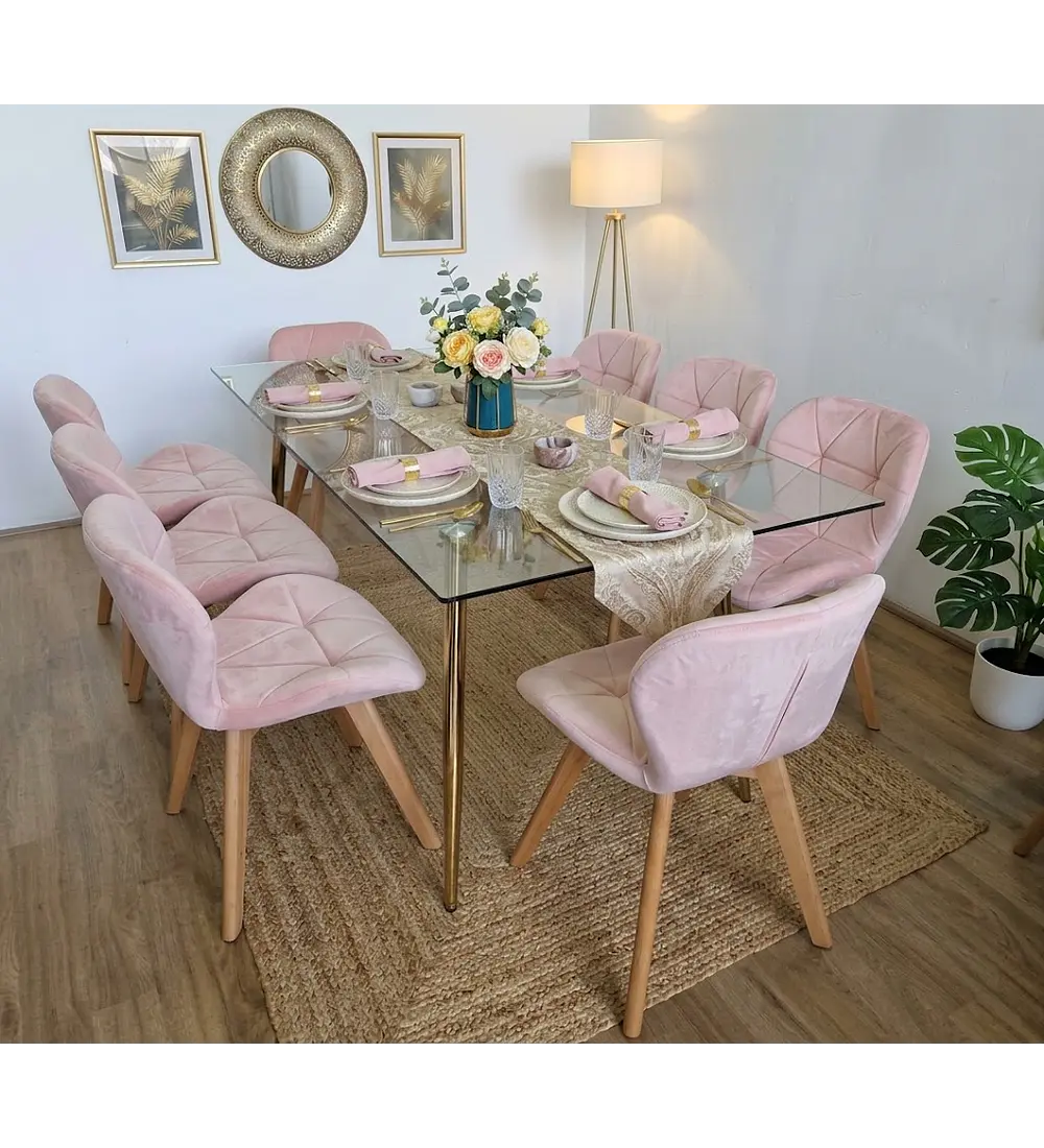Comedor Rubi Gold 160x80cms  + 8 Sillas Mariposa Velvet 