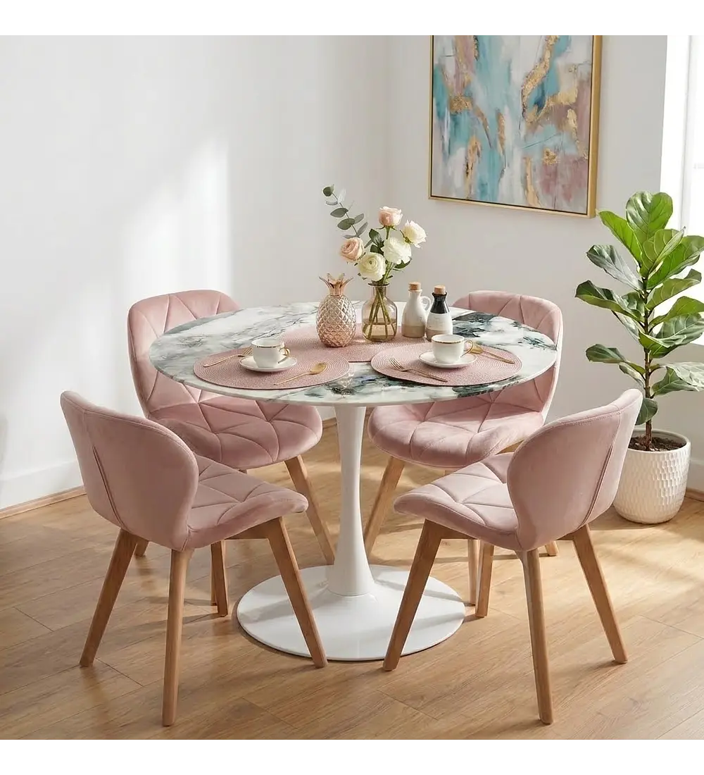 Comedor Tulip Stone Blanca 100cm + 4 Sillas Mariposa Ecocuero Wood