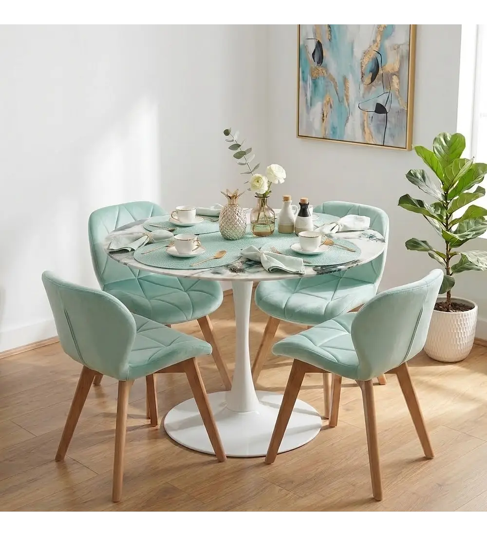Comedor Tulip Stone Blanca 100cm + 4 Sillas Mariposa Ecocuero Wood