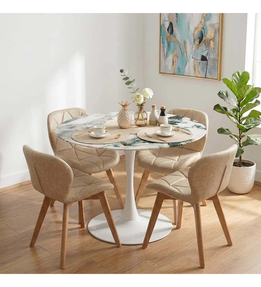 Comedor Tulip Stone Blanca 100cm + 4 Sillas Mariposa Ecocuero Wood