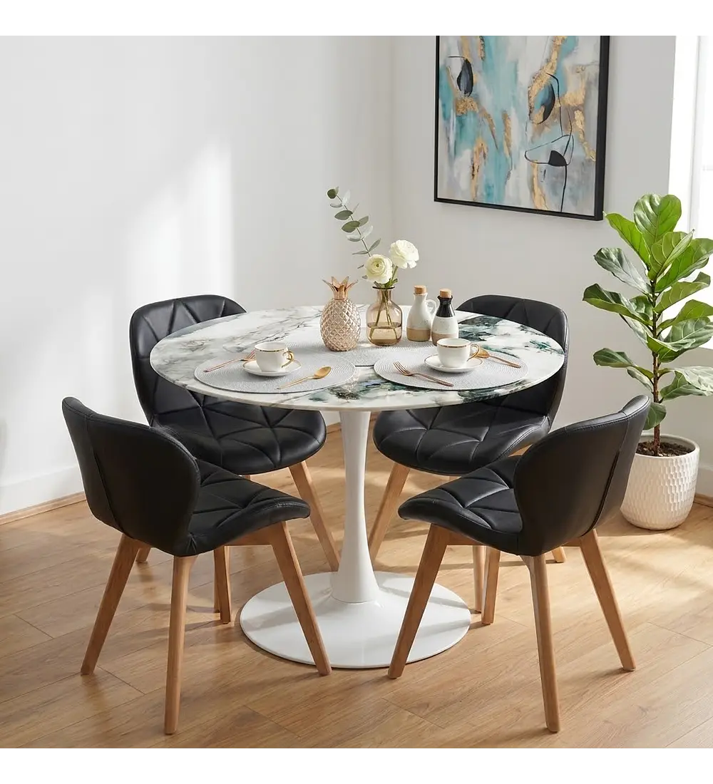 Comedor Tulip Stone Blanca 100cm + 4 Sillas Mariposa Ecocuero Wood