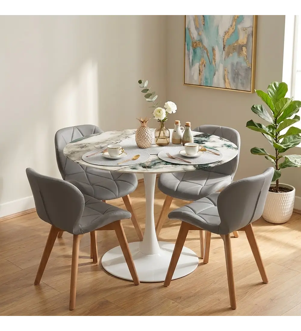 Comedor Tulip Stone Blanca 100cm + 4 Sillas Mariposa Ecocuero Wood