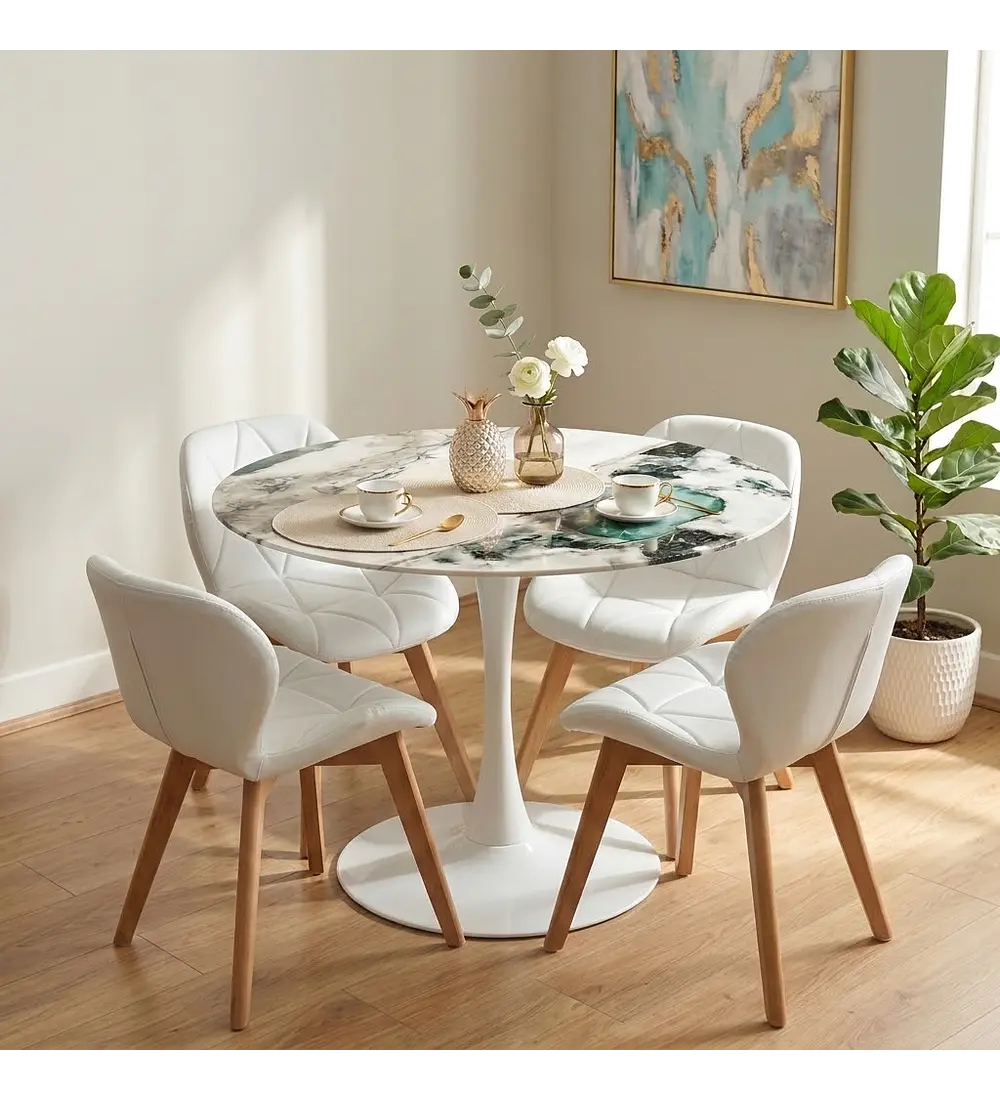 Comedor Tulip Stone Blanca 100cm + 4 Sillas Mariposa Ecocuero Wood