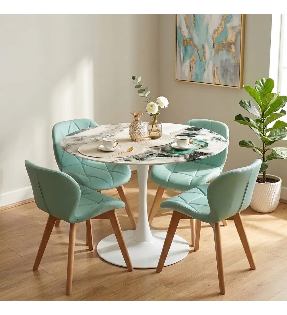 Comedor Tulip Stone Blanca 100cm + 4 Sillas Mariposa Ecocuero Wood