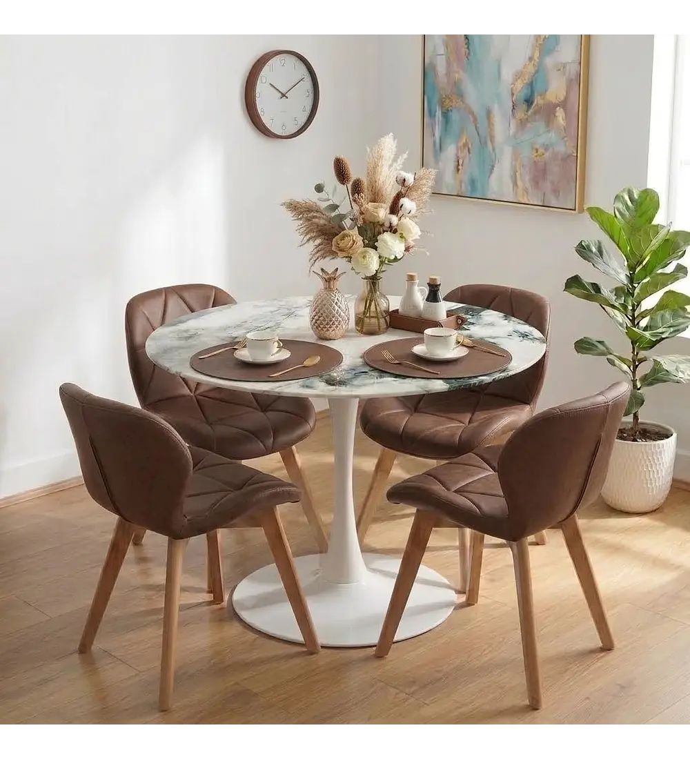 Comedor Tulip Stone Blanca 100cm + 4 Sillas Mariposa Ecocuero Wood