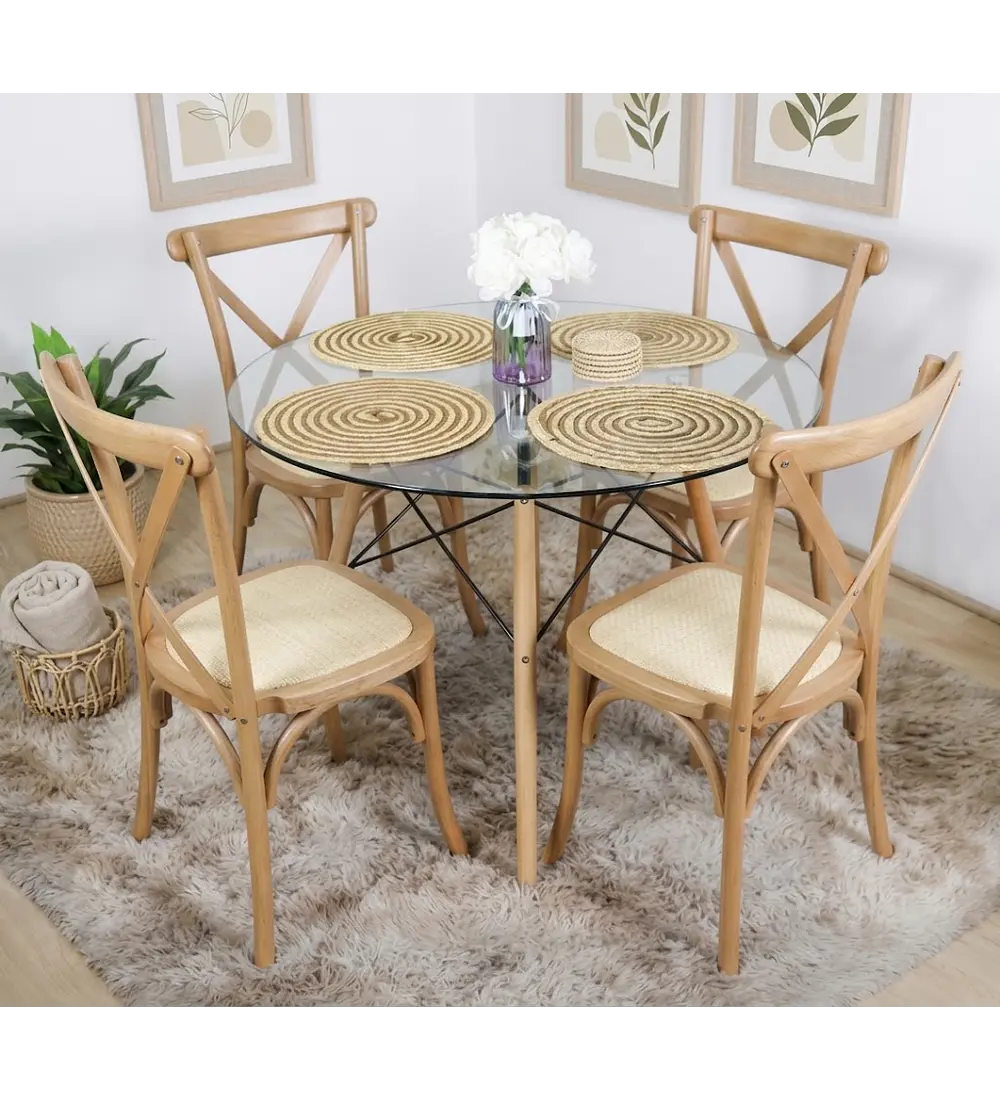 Comedor Eames Vidrio 100cm + 4 Sillas Crossback Madera