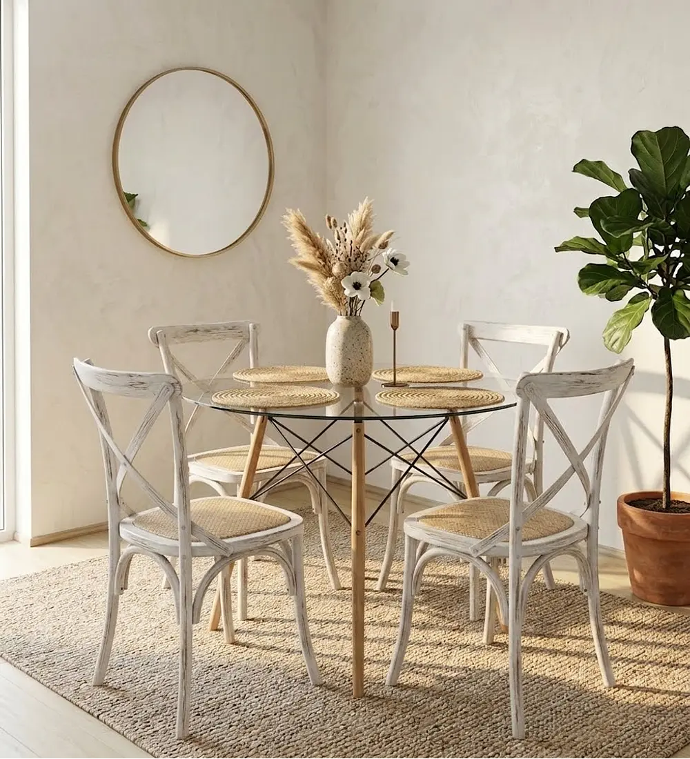 Comedor Eames Vidrio 100cm + 4 Sillas Crossback Madera