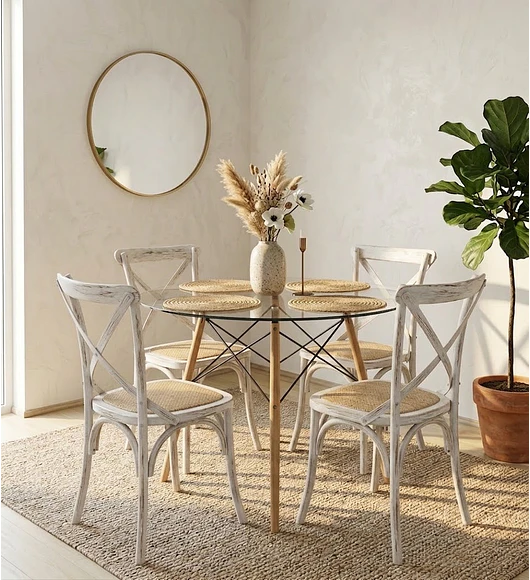 Comedor Eames Vidrio 100cm + 4 Sillas Crossback Madera