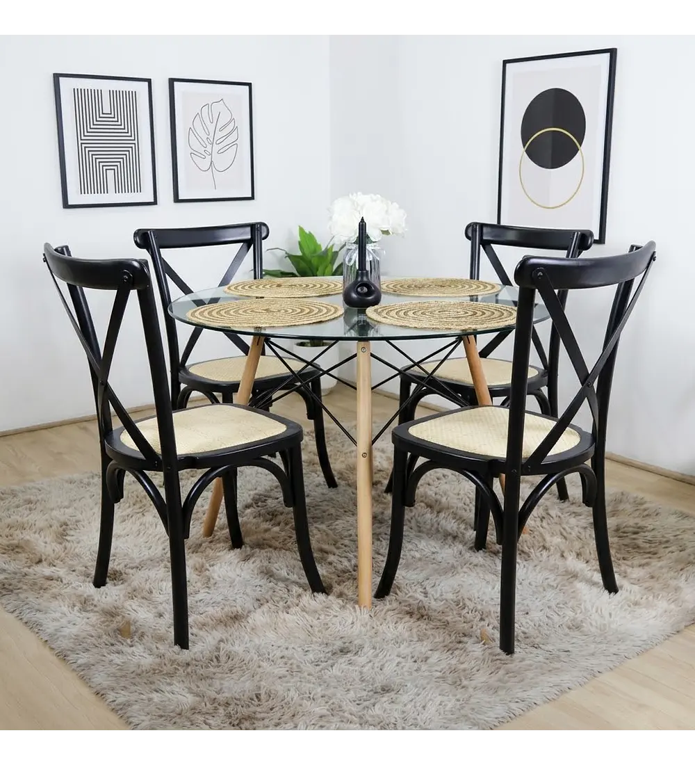 Comedor Eames Vidrio 100cm + 4 Sillas Crossback Madera