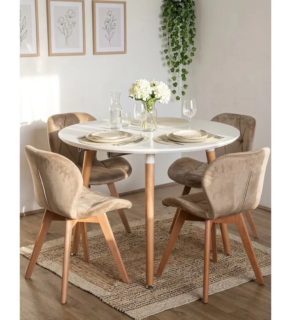 Comedor Mesa Aura Blanca  + 4 Sillas Mariposa Velvet