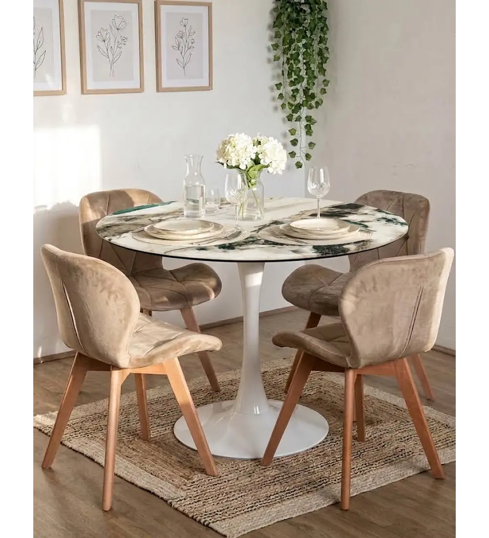 Comedor Mesa Tulip Stone Blanca 100cms + 4 Sillas Mariposa Velvet