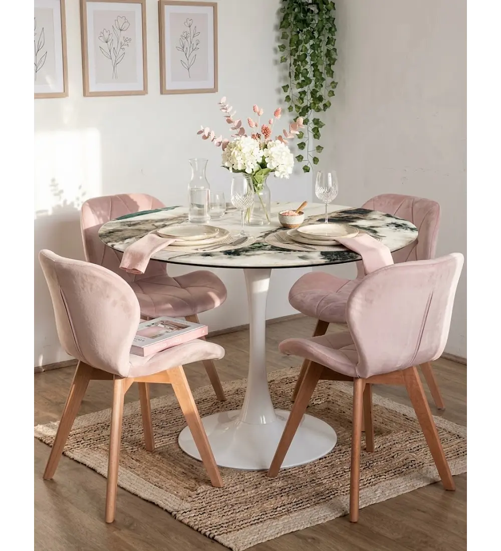 Comedor Mesa Tulip Stone Blanca 100cms + 4 Sillas Mariposa Velvet