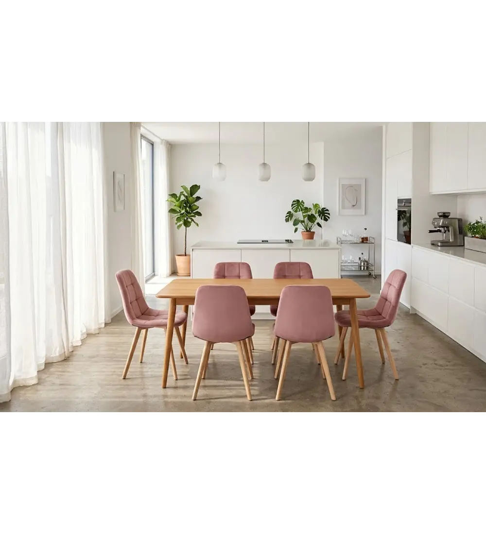 Comedor Mesa Vema Natural + 6 Sillas Capitonne Velvet