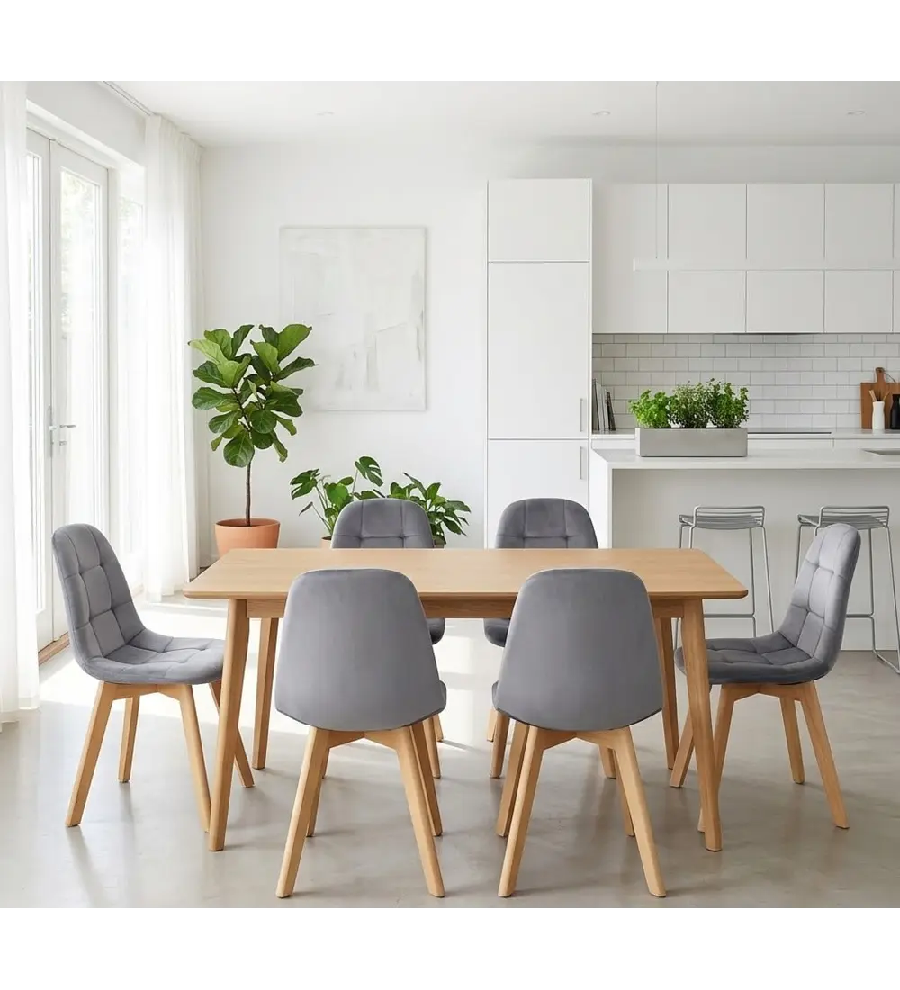 Comedor Mesa Vema Natural + 6 Sillas Capitonne Velvet