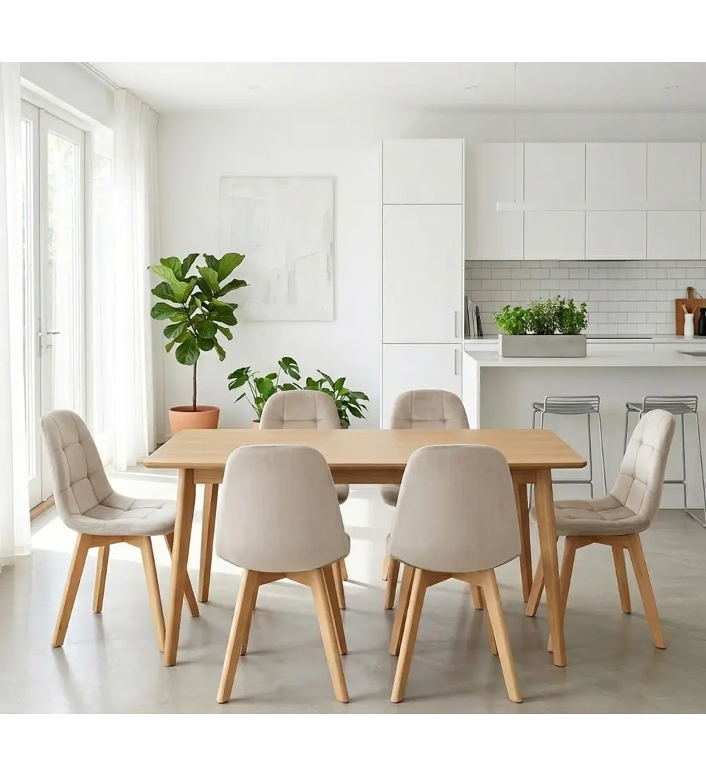 Comedor Mesa Vema Natural + 6 Sillas Capitonne Velvet