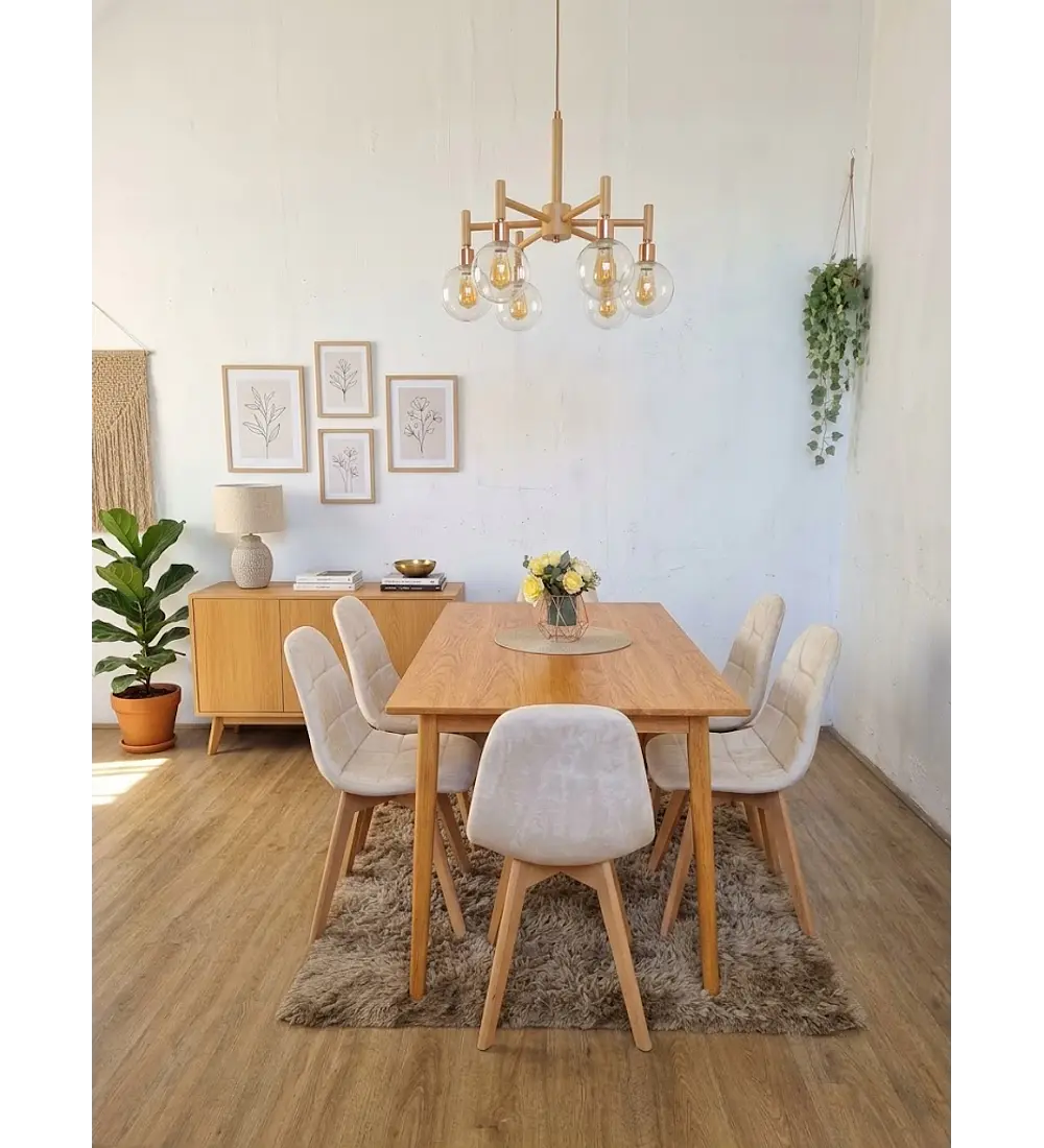 Comedor Mesa Vema Natural + 6 Sillas Capitonne Velvet