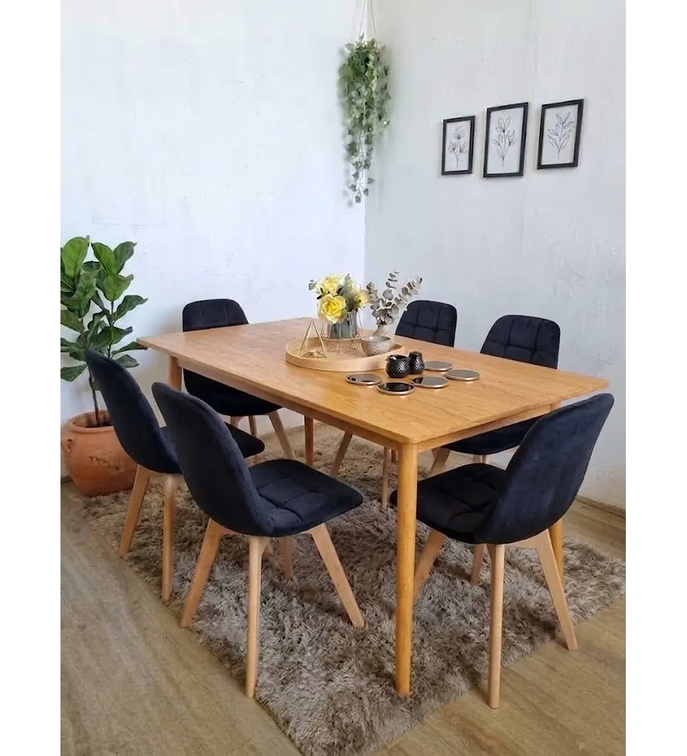 Comedor Mesa Vema Natural + 6 Sillas Capitonne Velvet