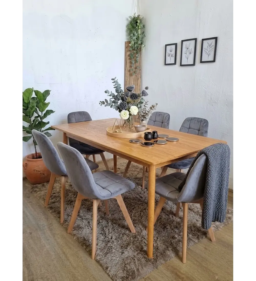 Comedor Mesa Vema Natural + 6 Sillas Capitonne Velvet