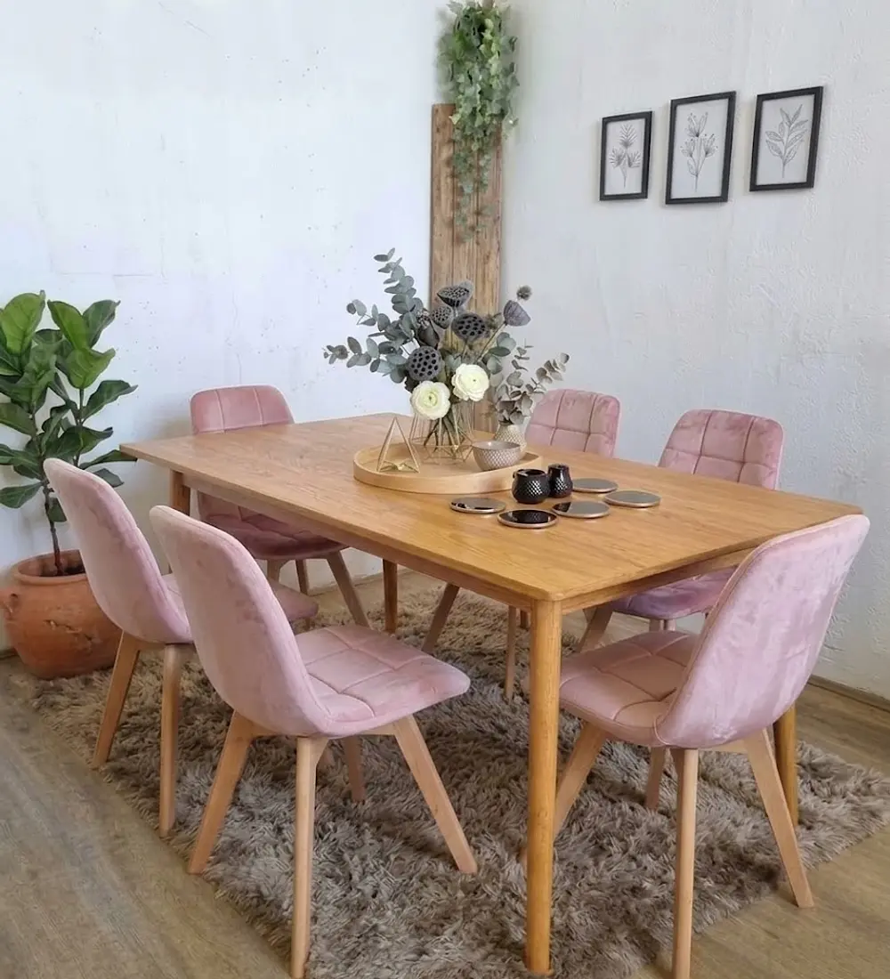Comedor Mesa Vema Natural + 6 Sillas Capitonne Velvet