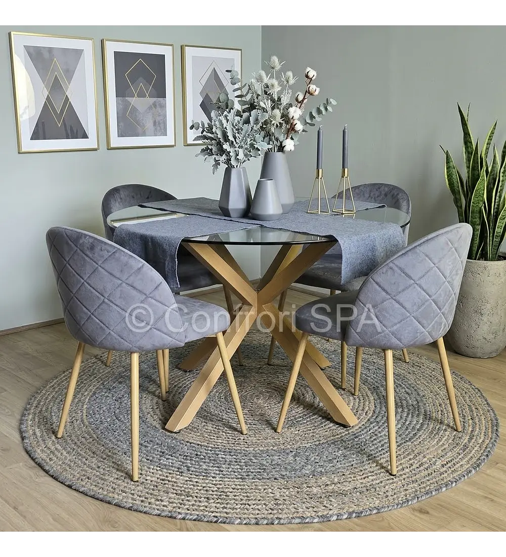 Comedor Mesa Warwick 100cm + 4 Sillas Bread Velvet Wood 