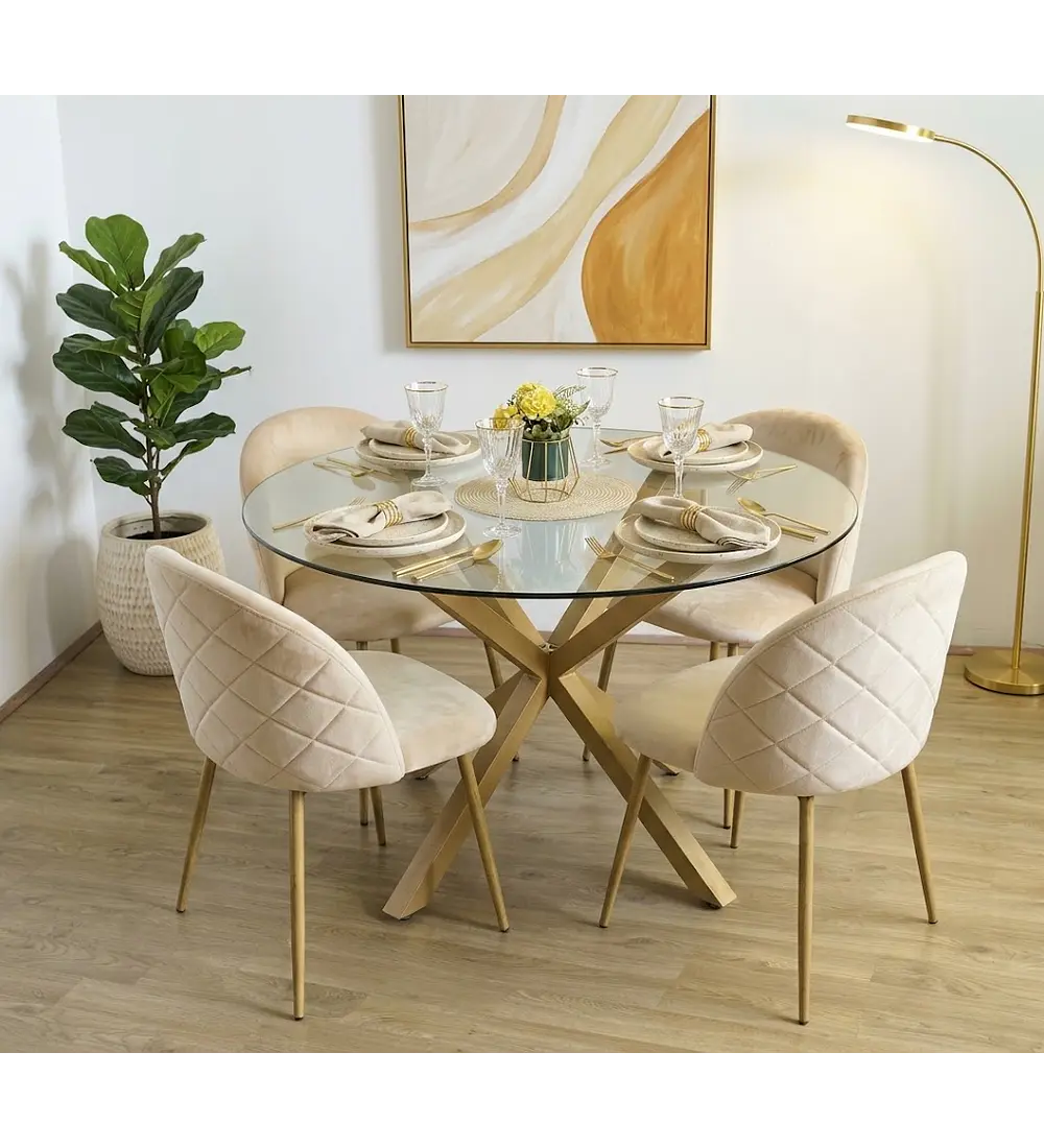Comedor Mesa Warwick 100cm + 4 Sillas Bread Velvet Wood 