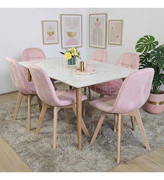 Comedor Mesa Mármol 120x80cm  + 6 Sillas Capitonne Velvet