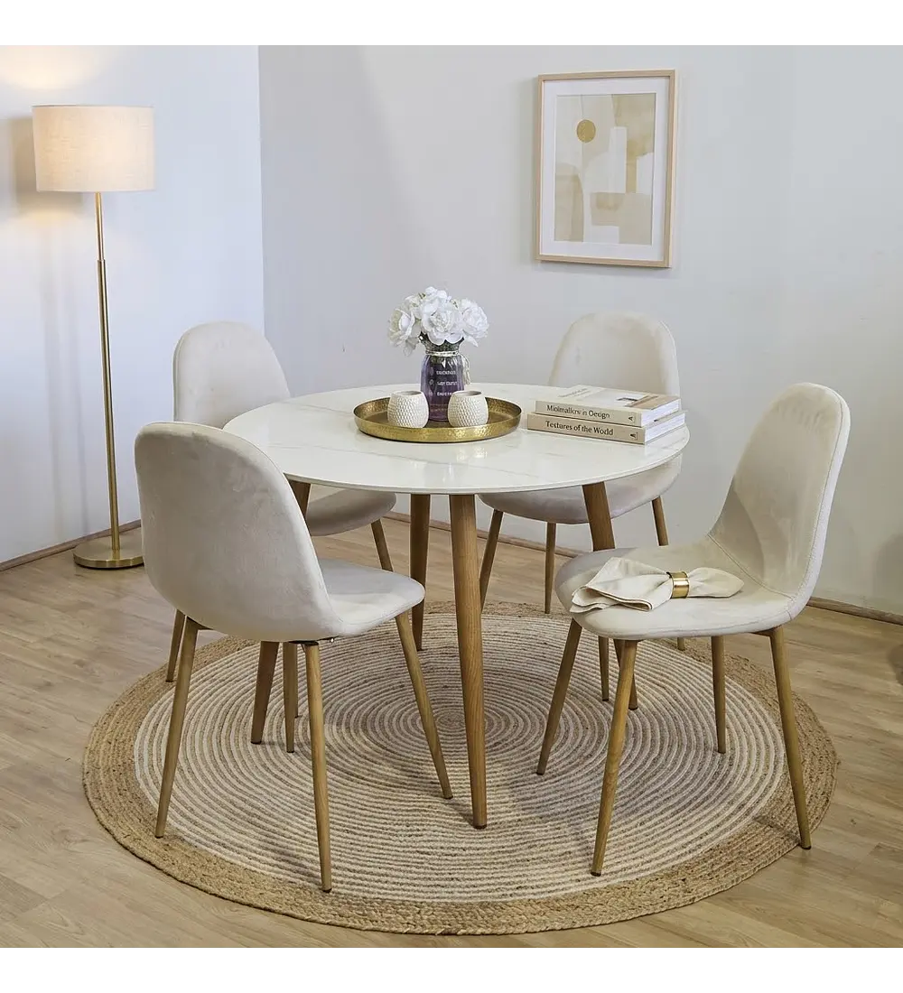 Comedor Mesa Mármol (100cms) + 4 Sillas Scoop Lino