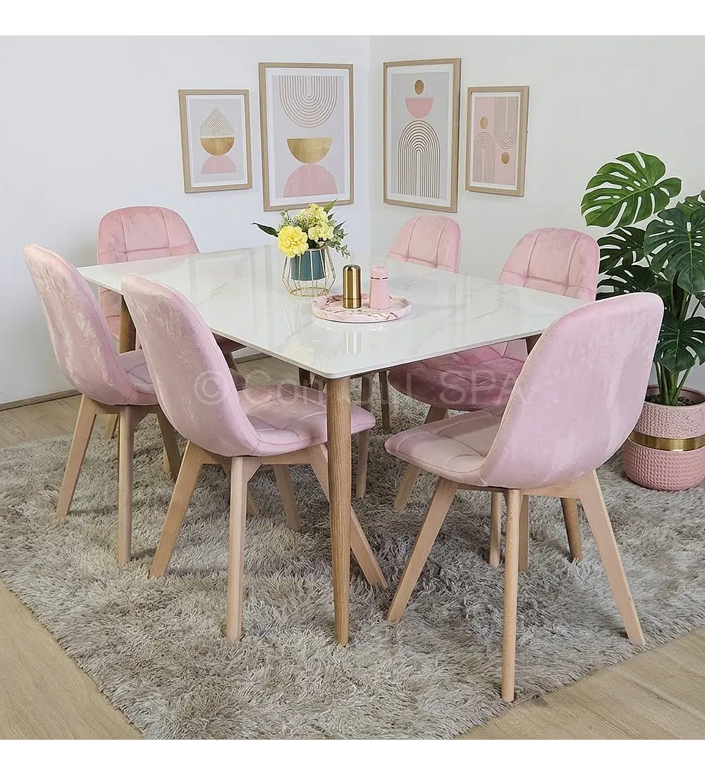 Comedor Mesa Mármol 120x80cm  + 6 Sillas Capitonne Velvet