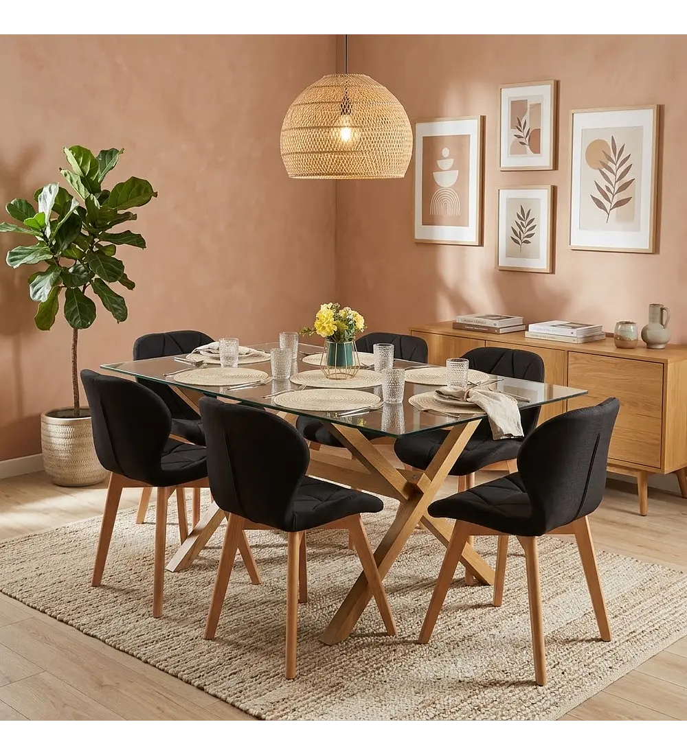 Comedor Medlock 140x90cms + 6 Sillas Mariposa Lino