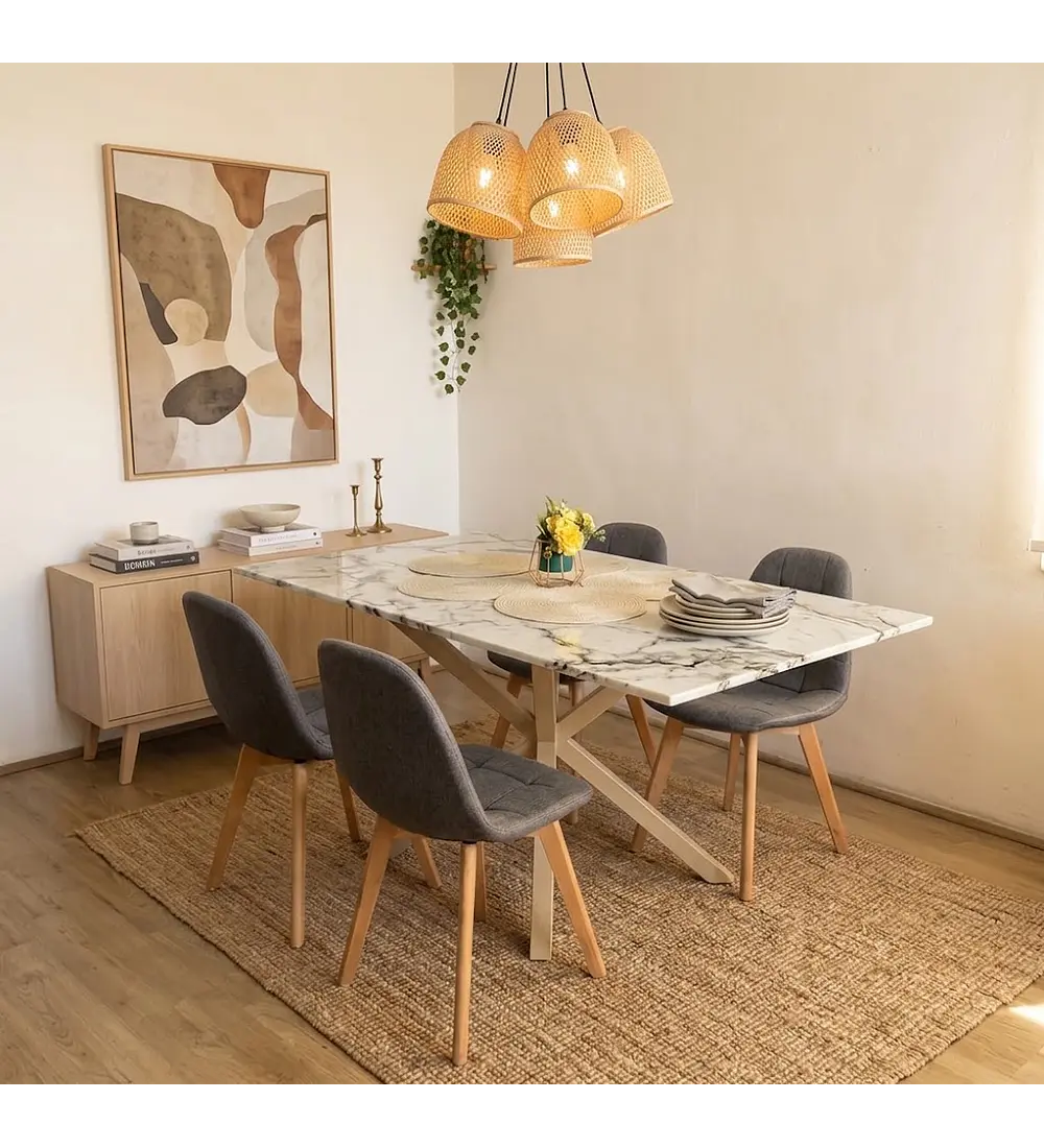 Comedor Madrid Stone Wood 140x80cms + 4 Sillas Capitonne Lino