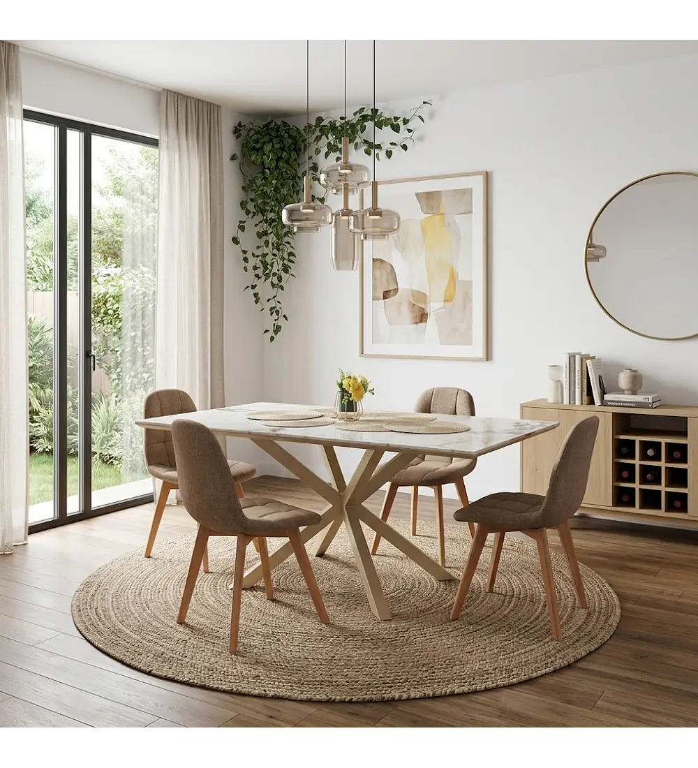 Comedor Madrid Stone Wood 140x80cms + 4 Sillas Capitonne Lino