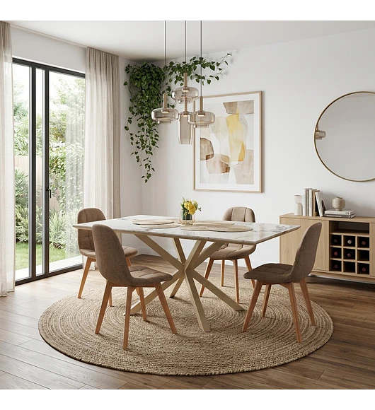 Comedor Madrid Stone Wood 140x80cms + 4 Sillas Capitonne Lino