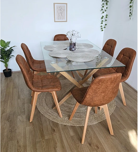 Comedor Medlock 140 x 90cm + 6  Sillas Capitonne Ecocuero Vintage