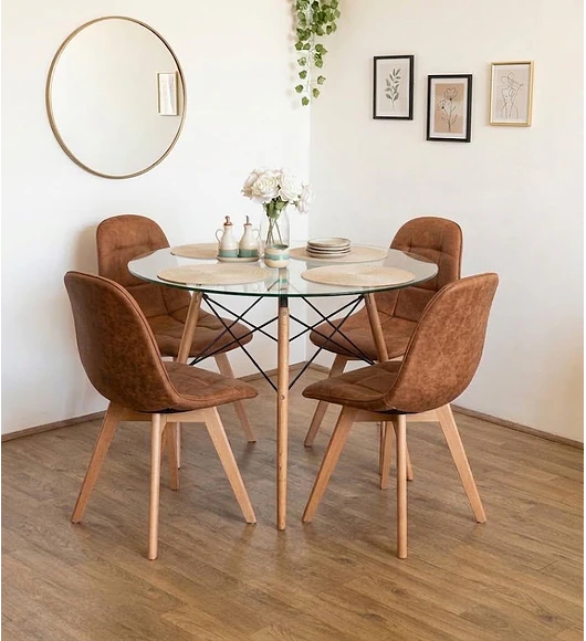 Comedor Mesa Eames Vidrio 120cms + 4 Sillas Capitonne Ecocuero Vintage