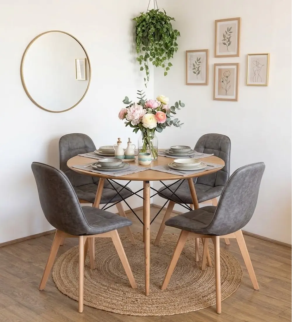 Comedor Mesa Wood + 4 Sillas Capitonne Ecocuero Vintage
