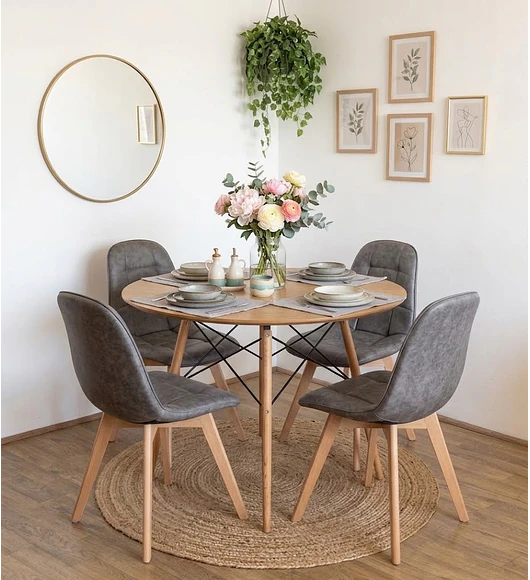 Comedor Mesa Wood + 4 Sillas Capitonne Ecocuero Vintage