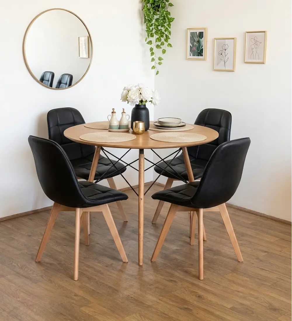 Comedor Mesa Wood + 4 Sillas Capitonne Ecocuero Vintage