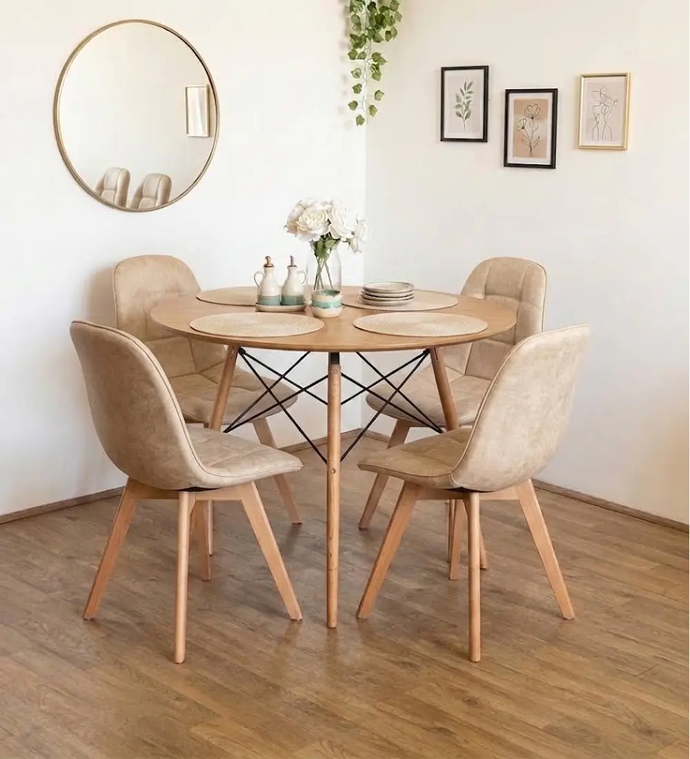 Comedor Mesa Wood + 4 Sillas Capitonne Ecocuero Vintage