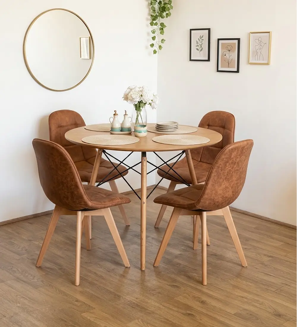 Comedor Mesa Wood + 4 Sillas Capitonne Ecocuero Vintage