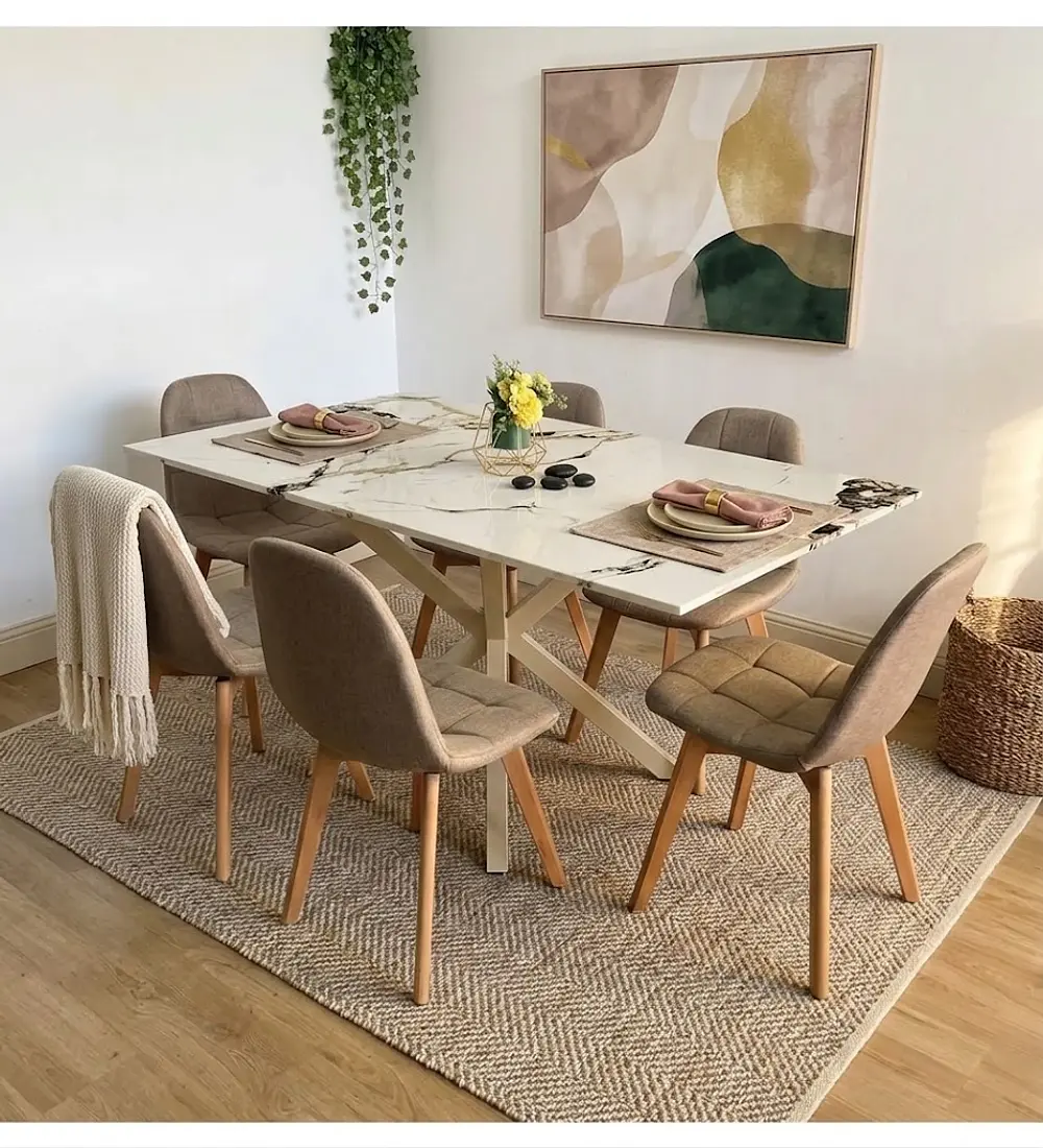 Comedor Madrid Stone Wood + 6 Sillas Capitonne Lino