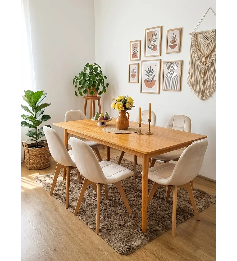 Comedor Mesa Vema Natural + 6 Sillas Capitonne Velvet