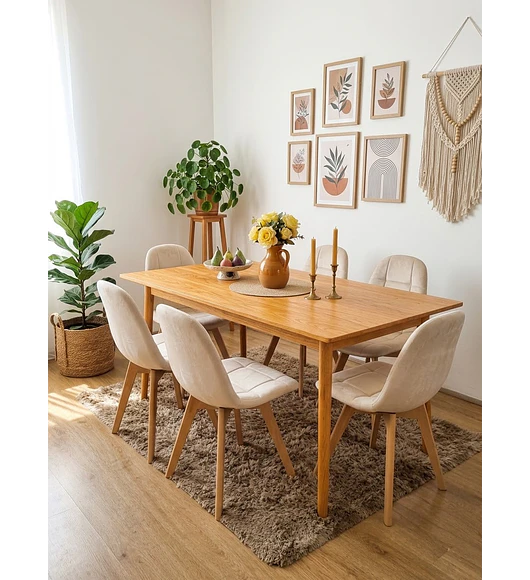 Comedor Mesa Vema Natural + 6 Sillas Capitonne Velvet