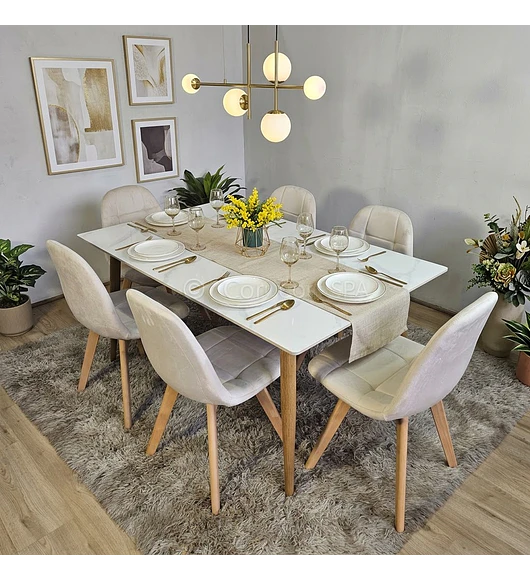 Comedor Mesa Mármol 120x80cm  + 6 Sillas Capitonne Velvet