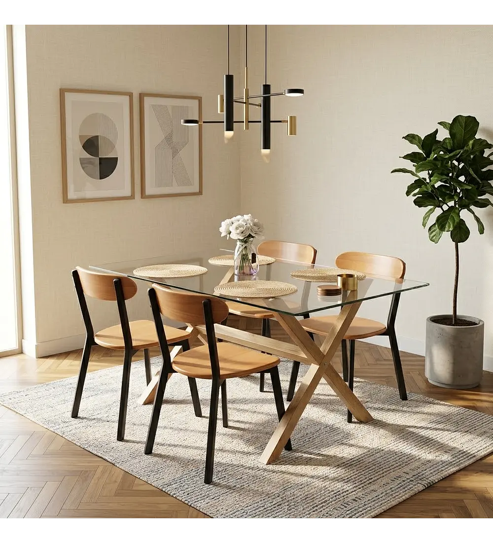 Comedor Medlock 140x90cm + 4 Sillas Fresno de Madera