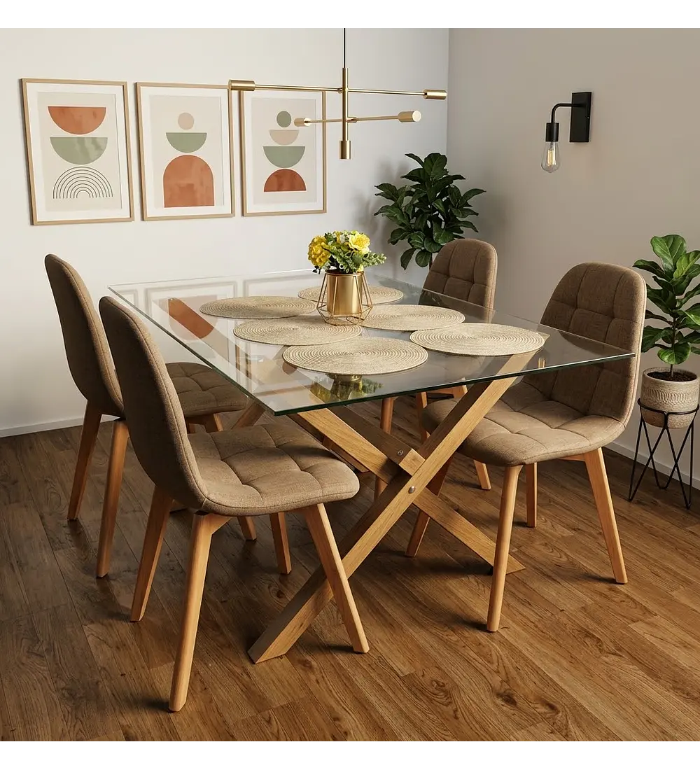 Comedor Medlock 140 x 90cm + 4 Sillas Capitonne Lino