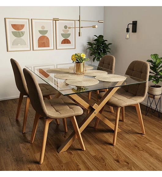 Comedor Medlock 140 x 90cm + 4 Sillas Capitonne Lino