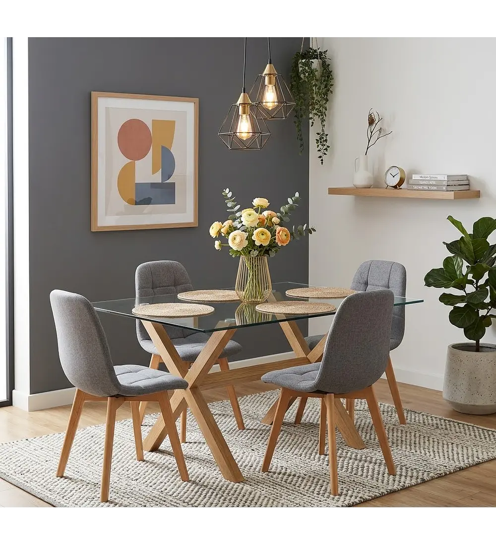 Comedor Medlock 140 x 90cm + 4 Sillas Capitonne Lino