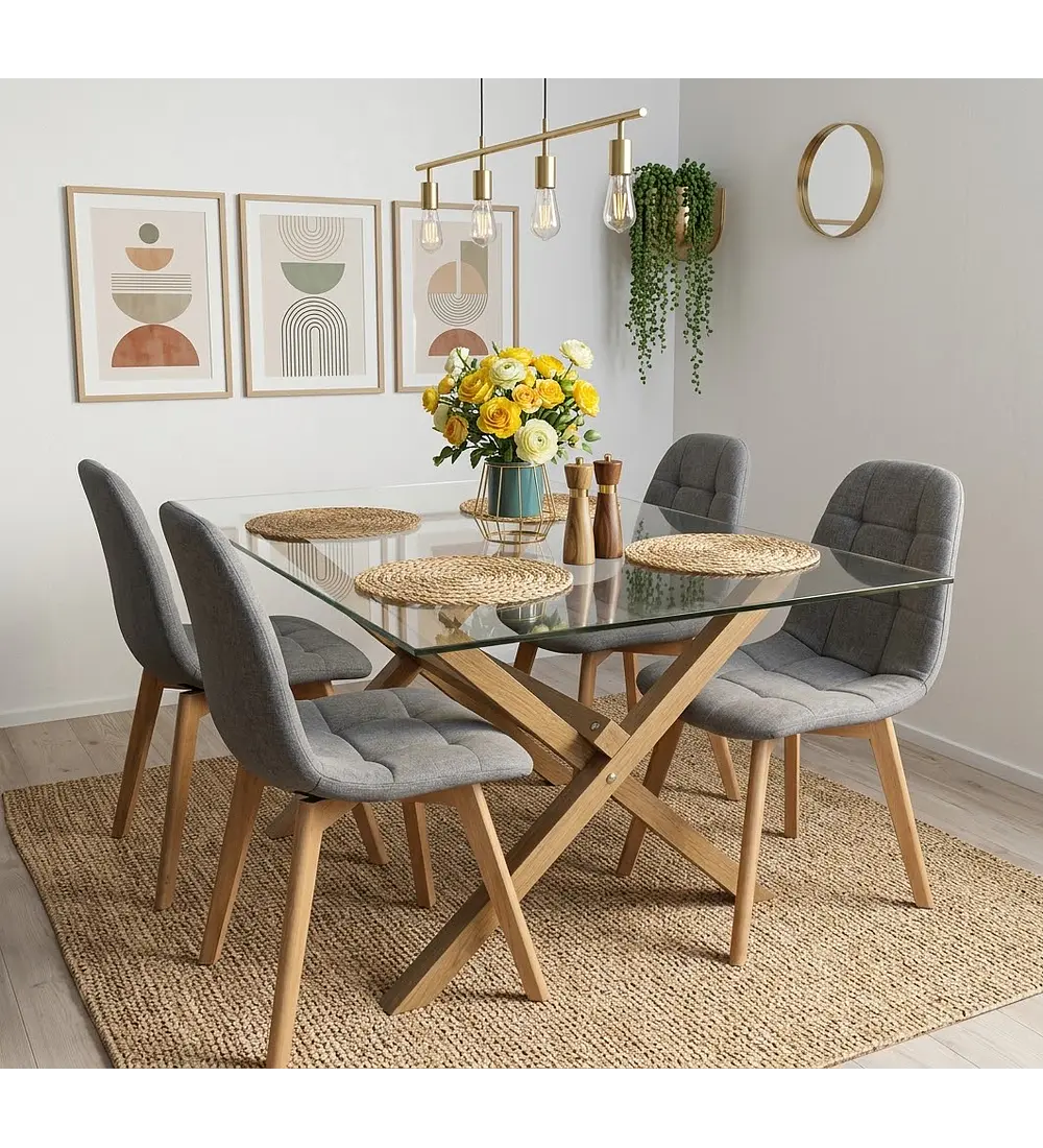 Comedor Medlock 140 x 90cm + 4 Sillas Capitonne Lino