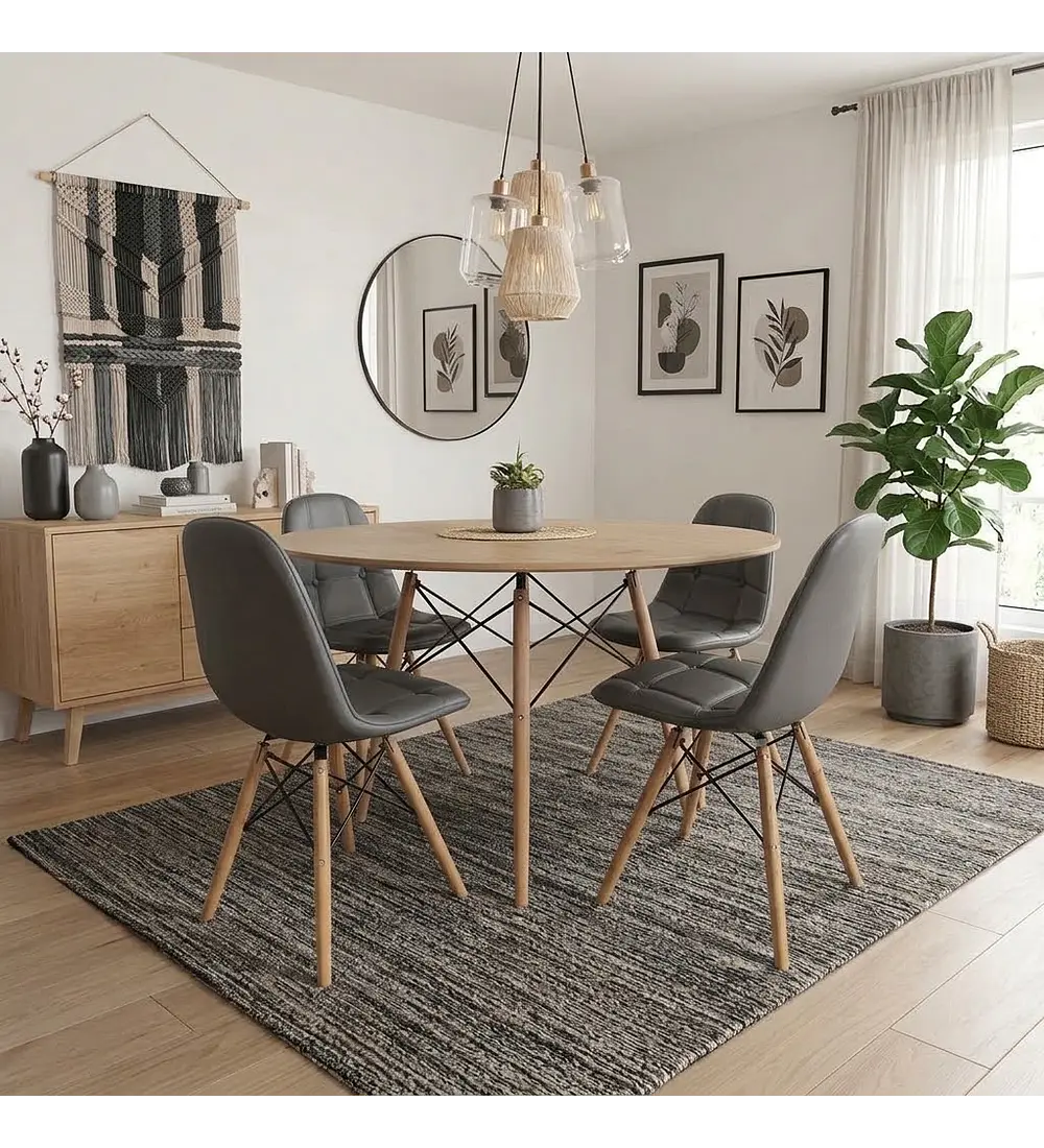 Comedor Mesa Wood 100cm + 4 Sillas Capitonne Eames Ecocuero