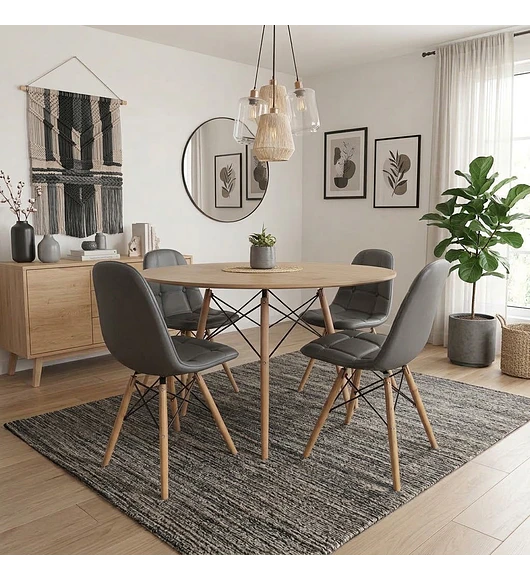 Comedor Mesa Wood 100cm + 4 Sillas Capitonne Eames Ecocuero
